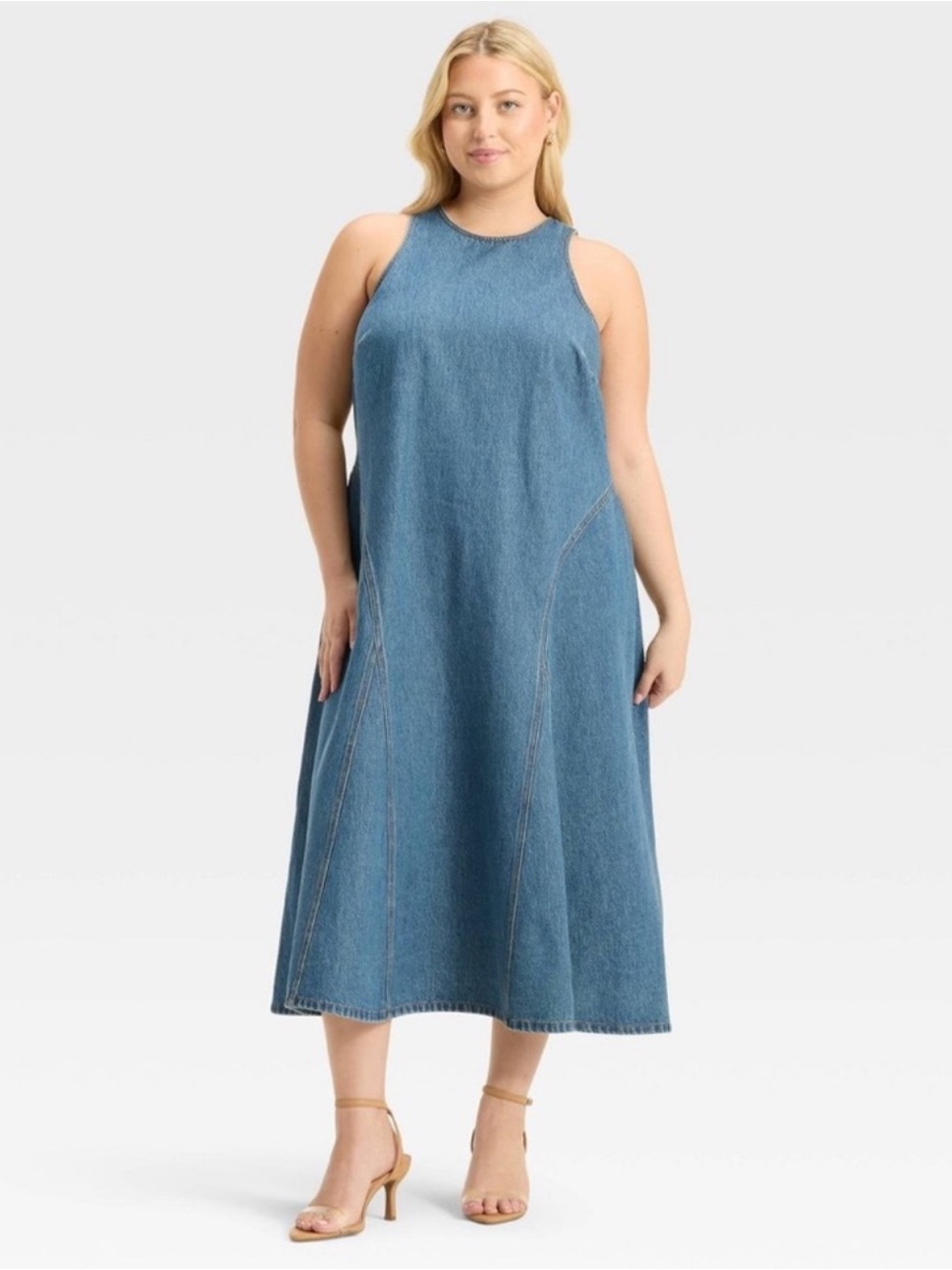 Future Collective Denim Midi Dress Blue Sleeveless A-Line Size 16 Cotton